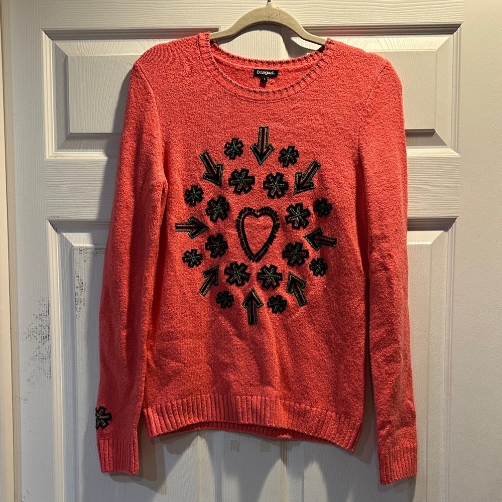 Desigual Pink Heart Print Cozy Sweater S